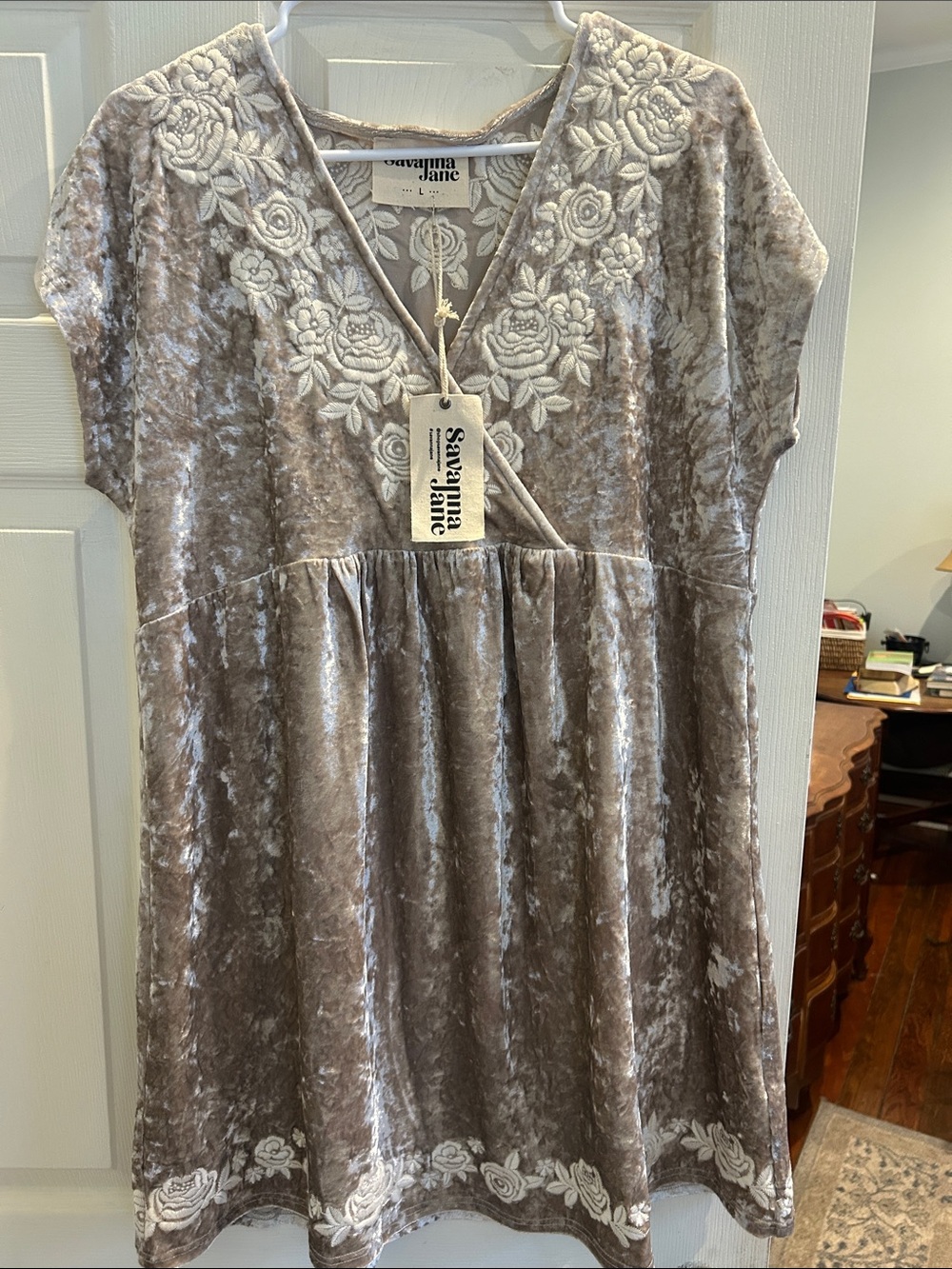 Savanna Jane Taupe Velvet Dress with White Floral Embroidery L